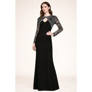 New Tadashi Shoji Darya Crepe Gown Formal Long Dress Lace Long Sleeve 6 Black
